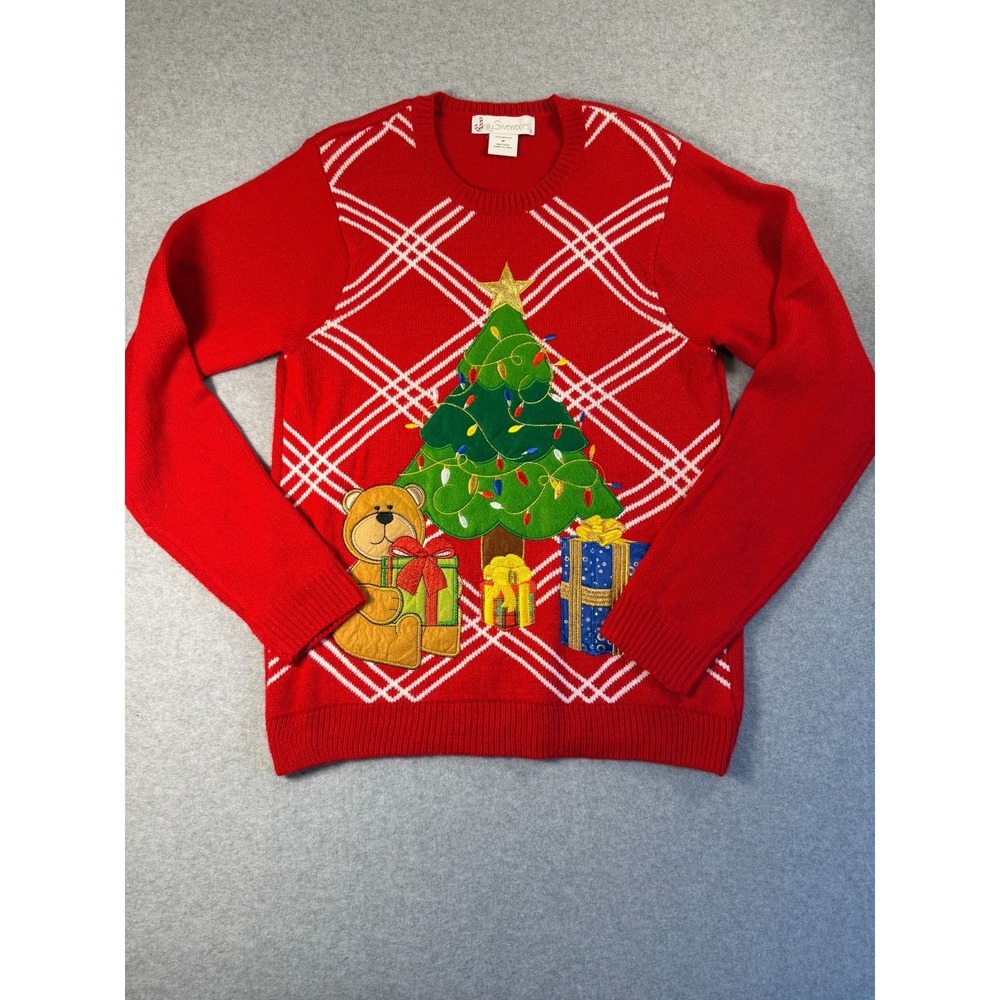 Jolly Sweaters Ugly Christmas Sweater Bear, Tree, Size M Embroidery SKU 263